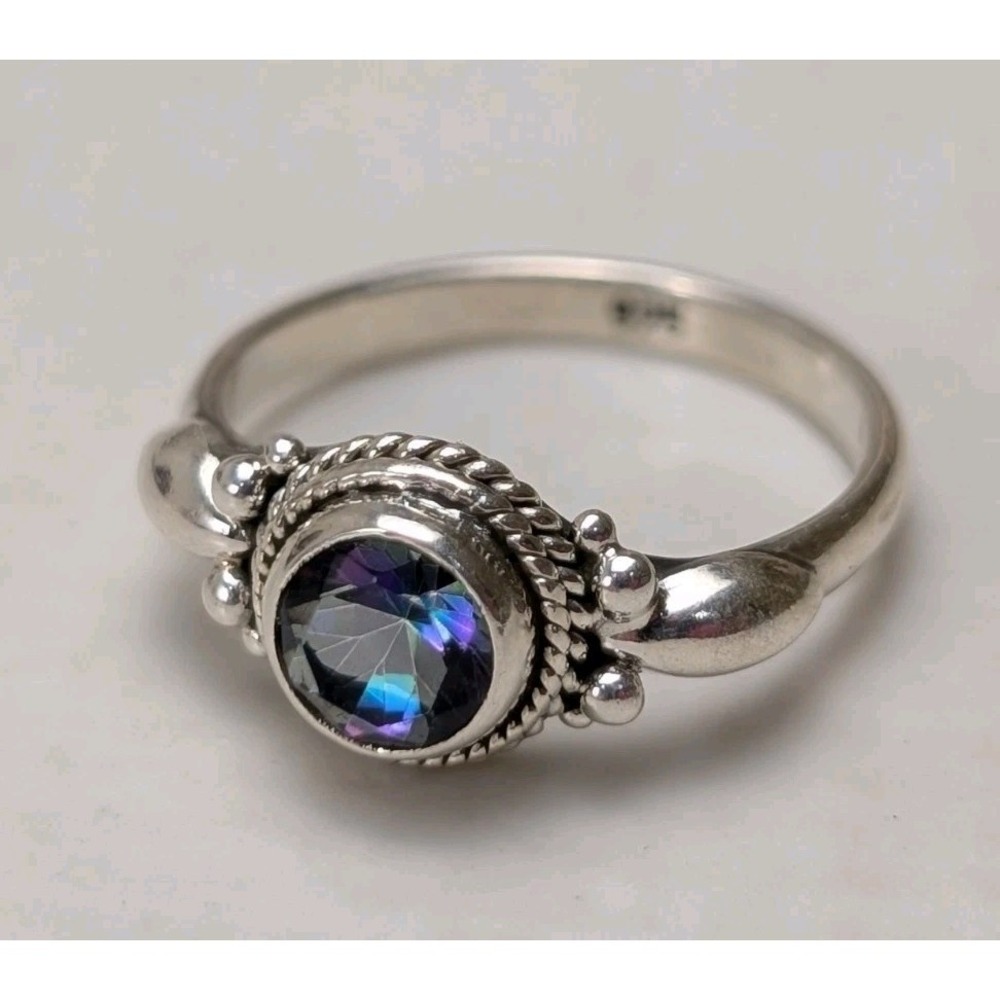 925 Sterling Silver Mystic Topaz Ring Bali Style Beaded Rope Size 6.5-7